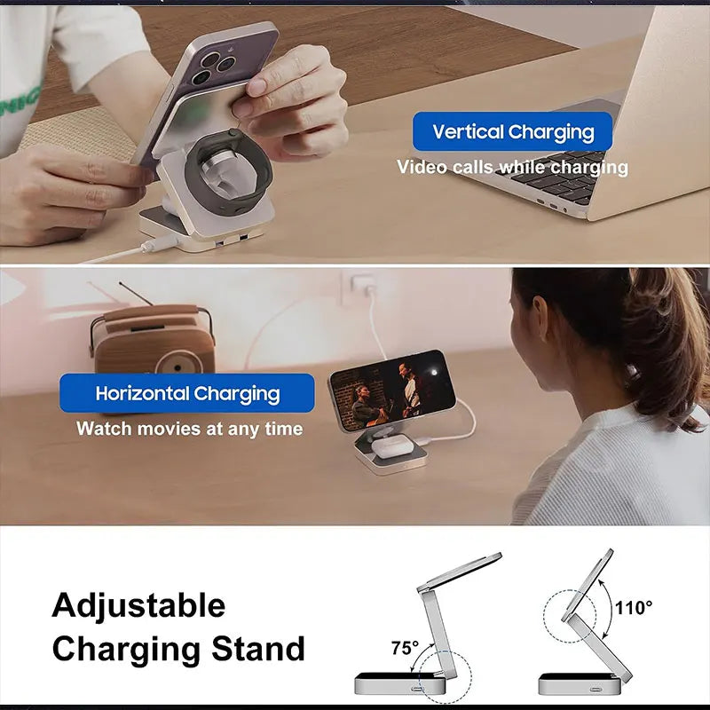 3 in 1 Magnetic Wireless Charger Stand Pad Foldable for iPhone,Apple Watch, AirPods Fast Charging Station